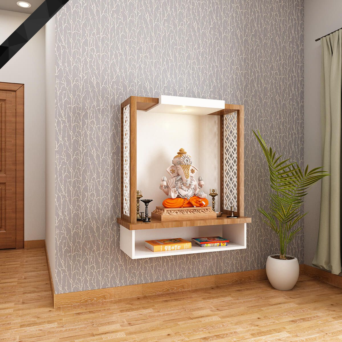 Elegant Wall Pooja Unit in Teakwood and White Finish with Intricate Side Panels – Ideal for Small Apartment Spaces