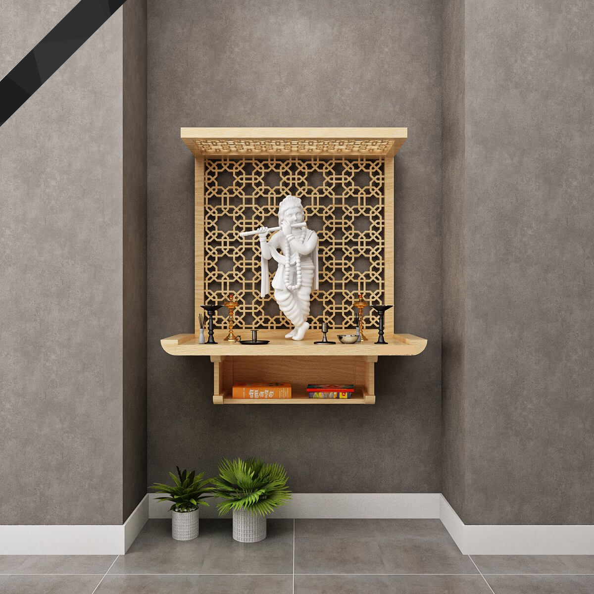 Contemporary floating pooja mandir with ornate jaali background and serene Krishna murti, complementing neutral-toned walls and indoor greenery.