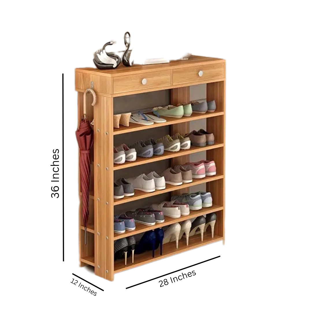 Wood Shoe Rack With Two Drawer Storage Organizer Shelf Standing Stand