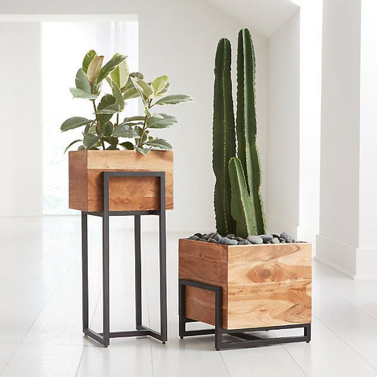 Modern Wooden Planters with Metal Stands – Stylish Indoor Plant Display for Contemporary Homes