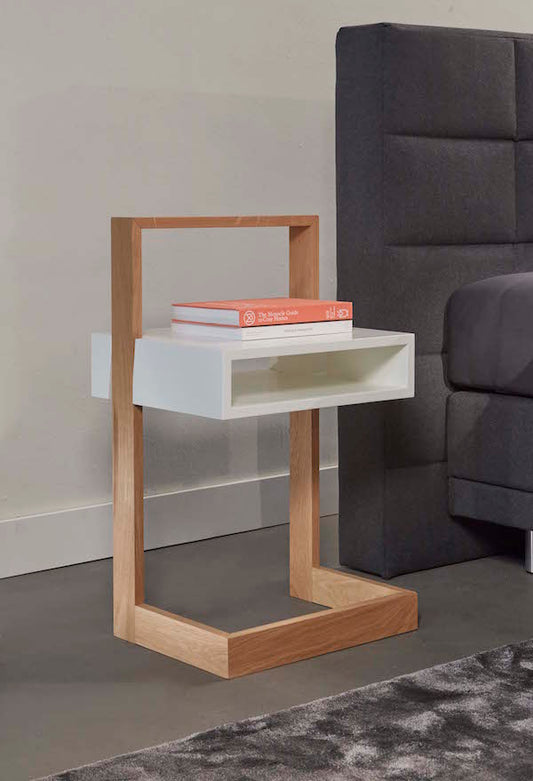 Bedside Table White With Natural Wood | Modern Minimalist Wooden Bedside Table with Open Storage Drawer