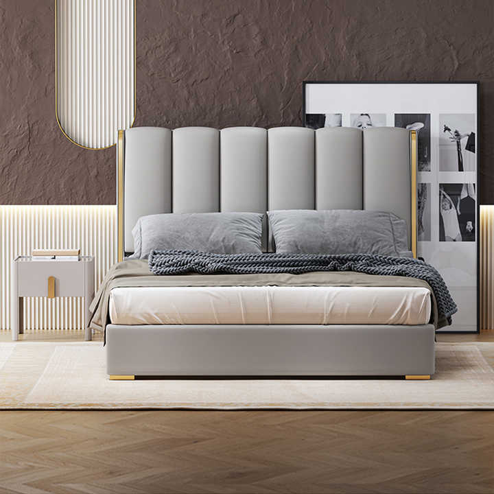 Luxurious King Size Double Bed with Upholstered Headboard | Modern Bedroom Furniture - Modern Upholstered Double Bed with Tall Headboard and Minimalist Design