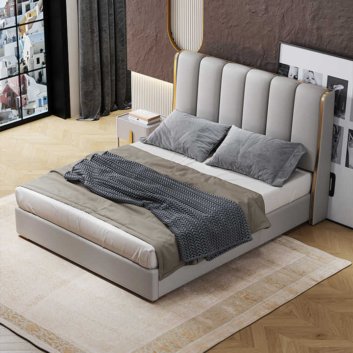Luxurious King Size Double Bed with Upholstered Headboard | Modern Bedroom Furniture - Modern Upholstered Double Bed with Tall Headboard and Minimalist Design