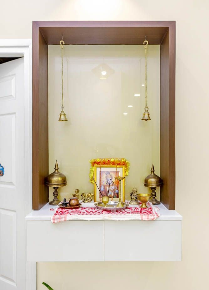 Pooja Mandir Wooden Temple White Brown Wood Modern Design - Modern Wall-Mounted Pooja Mandir with Minimalist Design and Ample Storage (36 Inches)