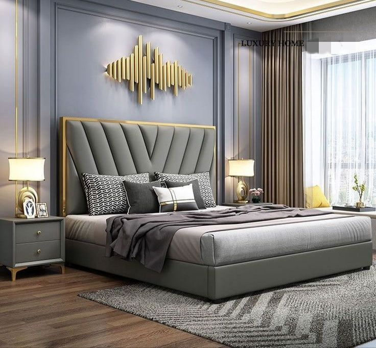 Luxury Modern Upholstered Bed with Geometric Headboard Design and Gold Accents Elegant Bedroom Design
