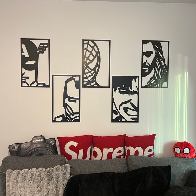 Superhero Wall Art Panels | Modern Black and White Multi-Frame Decor for Living Room | Avengers Face Portraits Wall Art Decor, Wood Wall Art Set, Avenger Superheroes, Geometric Framed Set Of 7