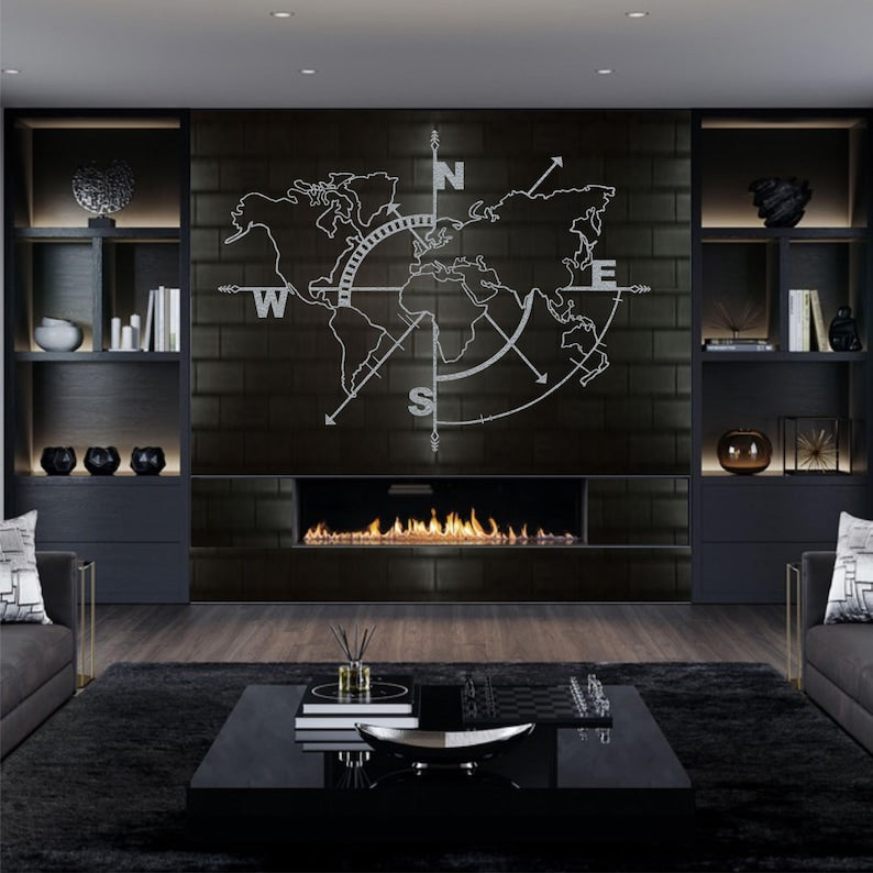Compass-Inspired World Map Metal Wall Art for Modern Home Décor | Metal World Map Wall Art Decor, World Map Compass, Large Metal Wall Decor, Home Office Living Room Entryway Wall Hanging