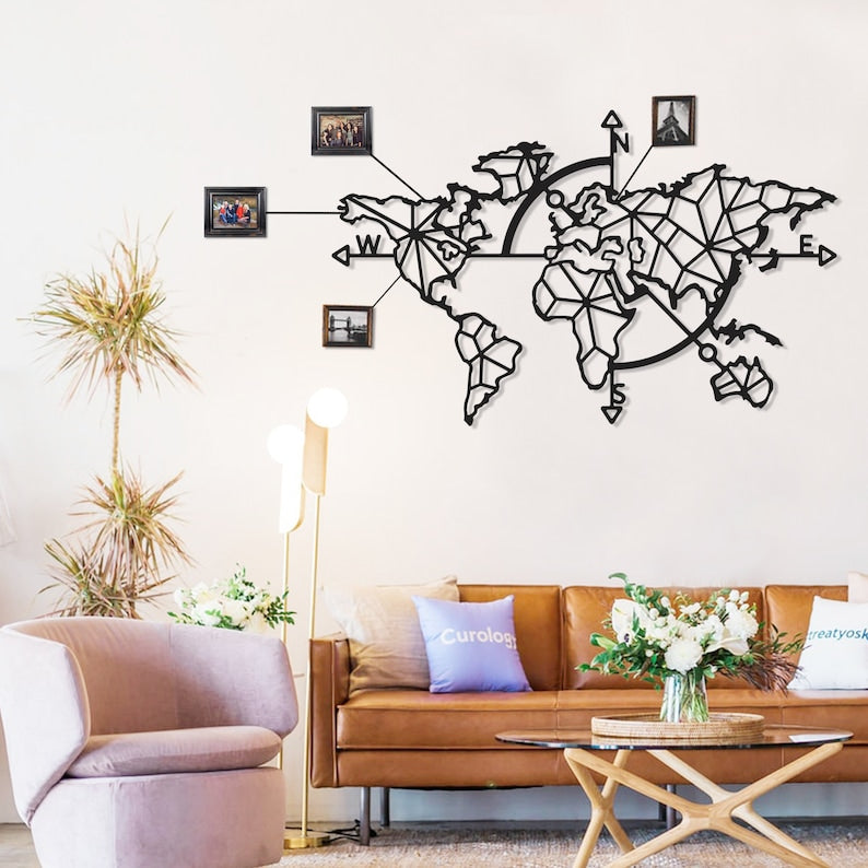 Modern Geometric World Map Metal Wall Art - Minimalist Home Decor for Living Room, Office, or Cafe | Metal World Map Wall Art Decor, World Map Compass, Large Metal Wall Decor, Home Office Living Room Entryway Wall Hanging