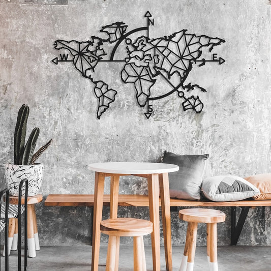 Modern Geometric World Map Metal Wall Art - Minimalist Home Decor for Living Room, Office, or Cafe | Metal World Map Wall Art Decor, World Map Compass, Large Metal Wall Decor, Home Office Living Room Entryway Wall Hanging