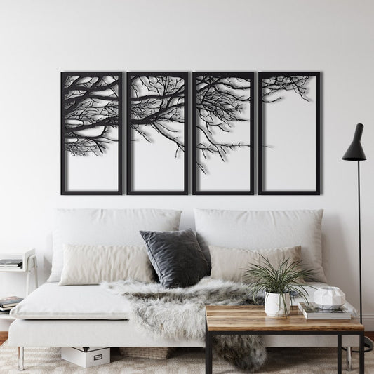 Modern 4-Piece Black Metal Tree Wall Art Set for Living Room Decor | Metal Tree Decor Wall Art, Metal Wall Art, 4 Panels Tree of Life Decor