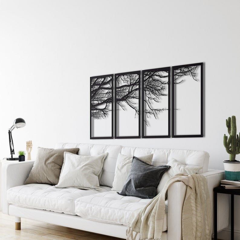 Modern 4-Piece Black Metal Tree Wall Art Set for Living Room Decor | M ...