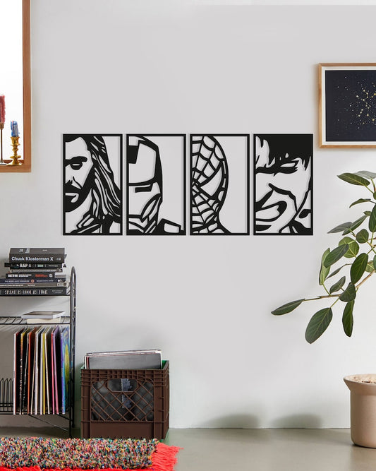 Minimalist Superhero Metal Wall Art - 4-Panel Iconic Character Silhouettes for Modern Home Decor | Avengers Face Portraits Wall Art Decor, Wood Wall Art Set, Avenger Superheroes, Geometric Framed (Set of 4)