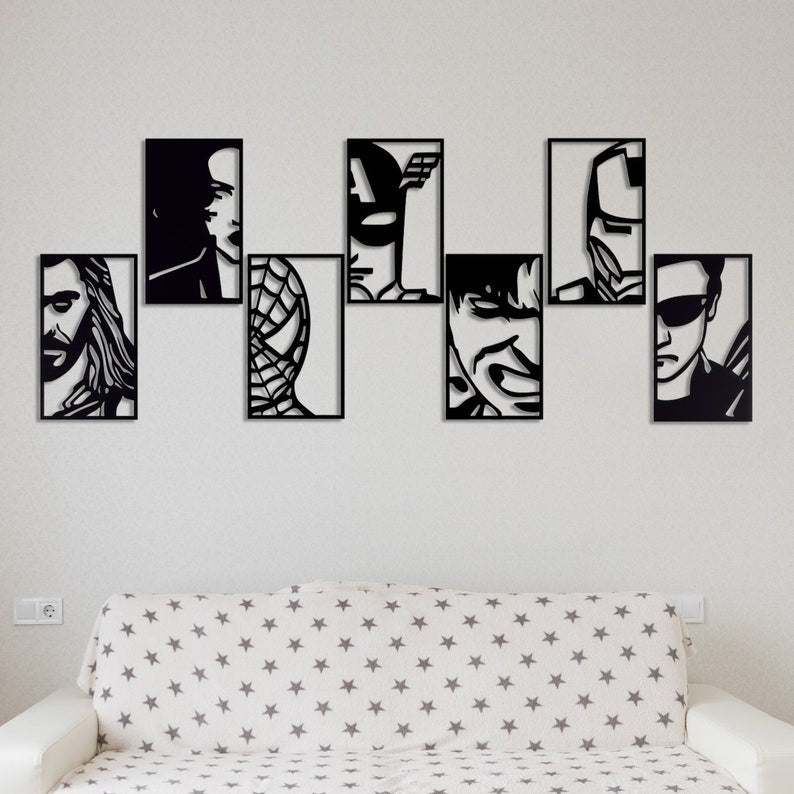Superhero Wall Art Panels | Modern Black and White Multi-Frame Decor for Living Room | Avengers Face Portraits Wall Art Decor, Wood Wall Art Set, Avenger Superheroes, Geometric Framed Set Of 7