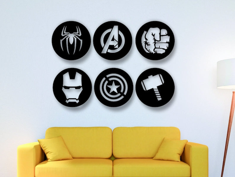 Superhero Logo Wall Art Set - Modern Decorative Panels for Comic Fans | Avengers Wall Decor Superhero Logos (Set of 6)