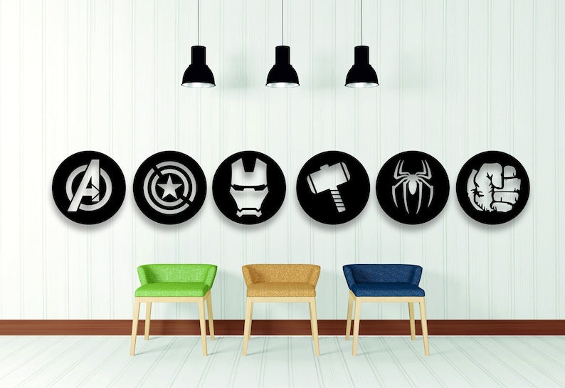 Superhero Logo Wall Art Set - Modern Decorative Panels for Comic Fans | Avengers Wall Decor Superhero Logos (Set of 6)