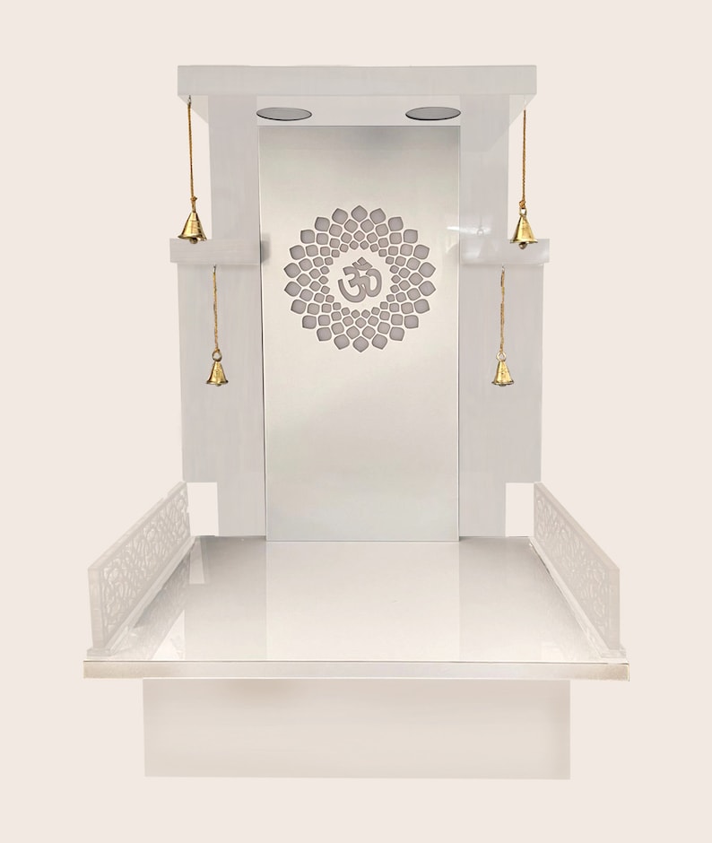 Elegant White Pooja Mandir with LED Backlight, Brass Bells, and Intricate Panel Design for Home Decor - Pooja Mandir Wooden Temple White LED Light for Home and Office (24 Inches)