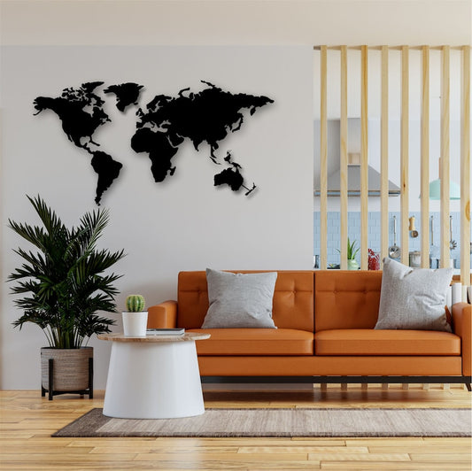 Modern Black World Map Wall Art for Stylish Living Room Décor | Metal World Map Continents Wall Art Decor, World Map Compass, Large Metal Wall Decor, Home Office Living Room Entryway Wall Hanging
