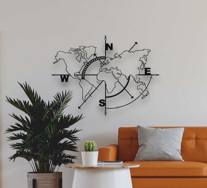 Compass-Inspired World Map Metal Wall Art for Modern Home Décor | Metal World Map Wall Art Decor, World Map Compass, Large Metal Wall Decor, Home Office Living Room Entryway Wall Hanging