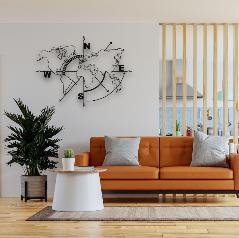 Compass-Inspired World Map Metal Wall Art for Modern Home Décor | Metal World Map Wall Art Decor, World Map Compass, Large Metal Wall Decor, Home Office Living Room Entryway Wall Hanging