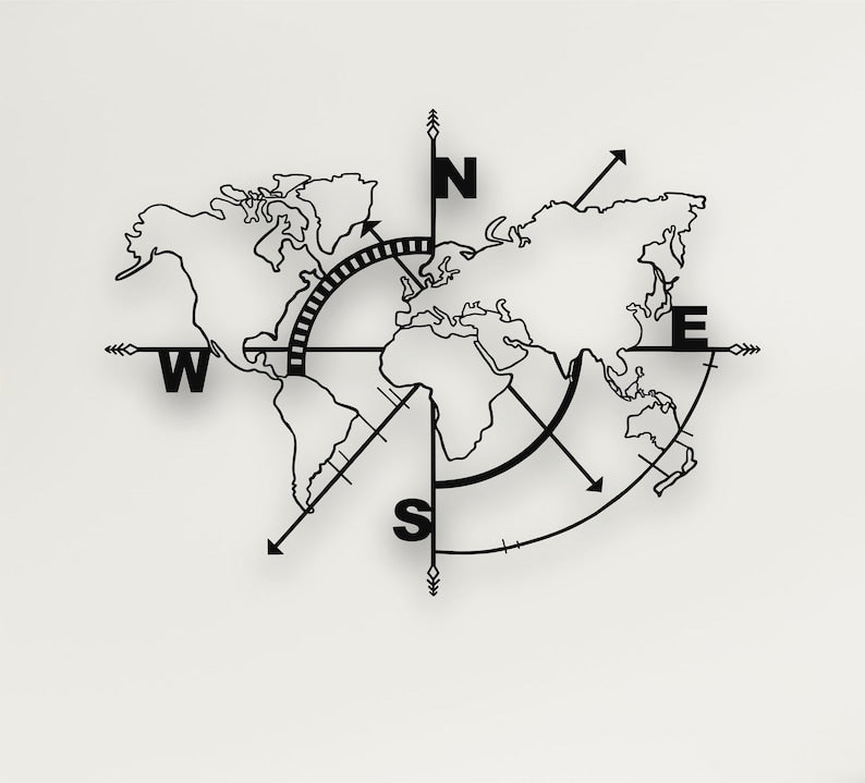 Compass-Inspired World Map Metal Wall Art for Modern Home Décor | Metal World Map Wall Art Decor, World Map Compass, Large Metal Wall Decor, Home Office Living Room Entryway Wall Hanging
