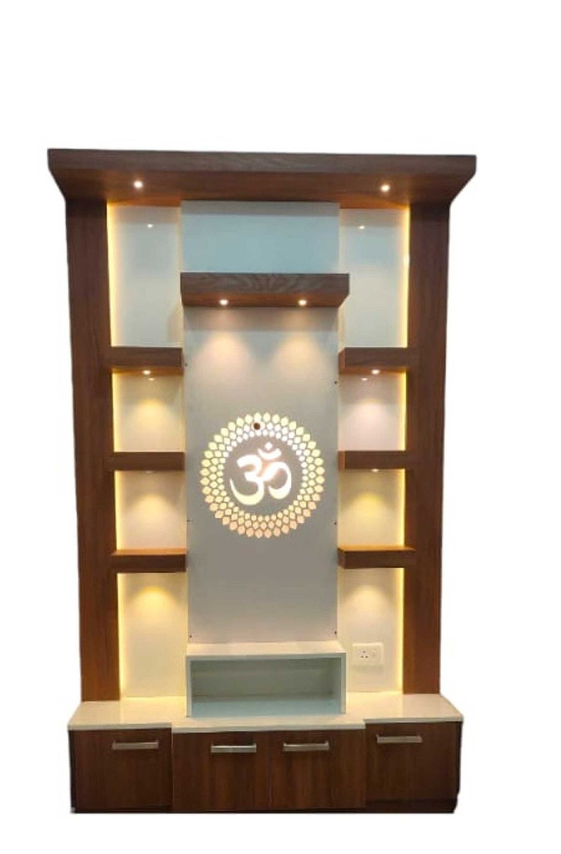 Modern Design Wooden Pooja Mandir with Illuminated Om Symbol for