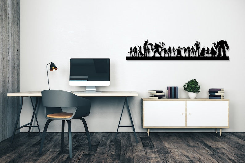 Avengers Superhero Team Silhouette Metal Wall Art - Epic Black Decor for Bedroom or Living Room | Avengers Face Portraits Wall Art Decor, Wood Wall Art Set, Avenger Superheroes, Geometric Framed