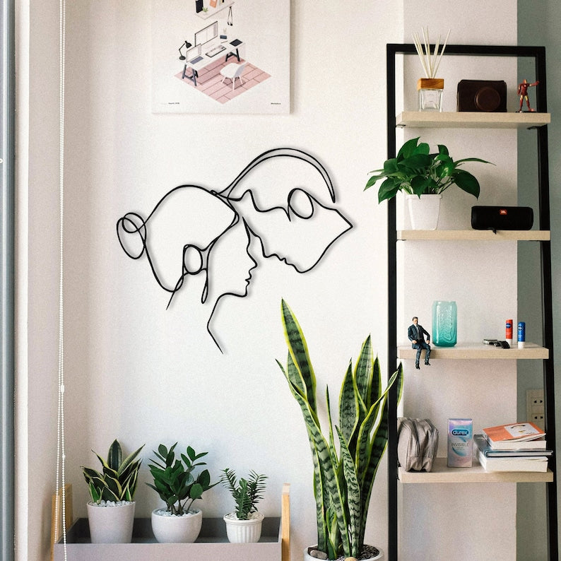 Minimalist Couple Silhouette Metal Wall Art – Modern Romantic Home Decor | Valentines Day Giving Head To Head Art, Wall Art Decor Destiny Union Theme Wall Decor, Single Line Art
