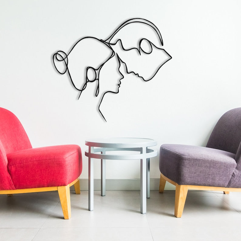 Minimalist Couple Silhouette Metal Wall Art – Modern Romantic Home Decor | Valentines Day Giving Head To Head Art, Wall Art Decor Destiny Union Theme Wall Decor, Single Line Art
