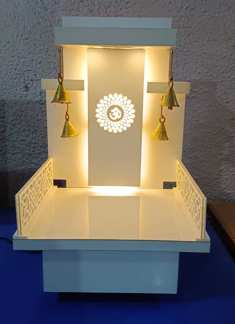 Elegant White Pooja Mandir with LED Backlight, Brass Bells, and Intricate Panel Design for Home Decor - Pooja Mandir Wooden Temple White LED Light for Home and Office (24 Inches)