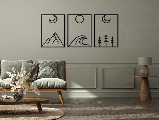 Minimalist Metal Wall Art Set - Mountain, Wave, and Forest Design for Modern Living Room Decor