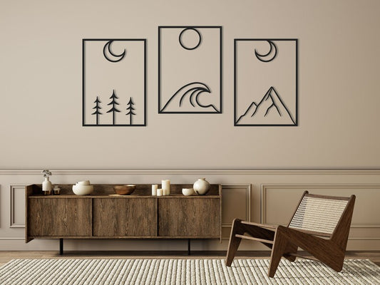 Three Elements Metal Wall Art Decor | Minimalist Metal Wall Art Set - Mountain, Wave, and Forest Design for Modern Living Room Decor